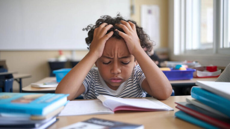 A young child sits at a desk in a classroom, holding their head in frustration while looking down at an open notebook—capturing potential ADHD warning signs as back to school season begins. - KindestMind