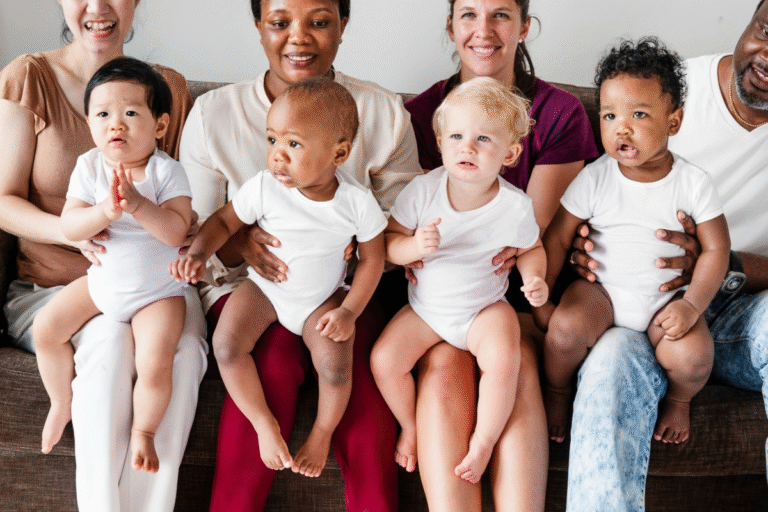 A group of adults, brought together through assisted reproductive journeys, sit on a couch holding babies in white onesies. The diverse group smiles warmly at the camera, reflecting cultural sensitivity and joyful connection. - KindestMind
