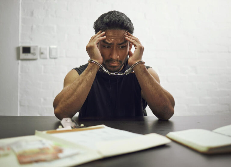 A man in handcuffs sits at a table with his hands on his temples, looking stressed and worried. Papers on criminal defense and psychological evaluation are spread out before him against a plain, white brick wall. - KindestMind
