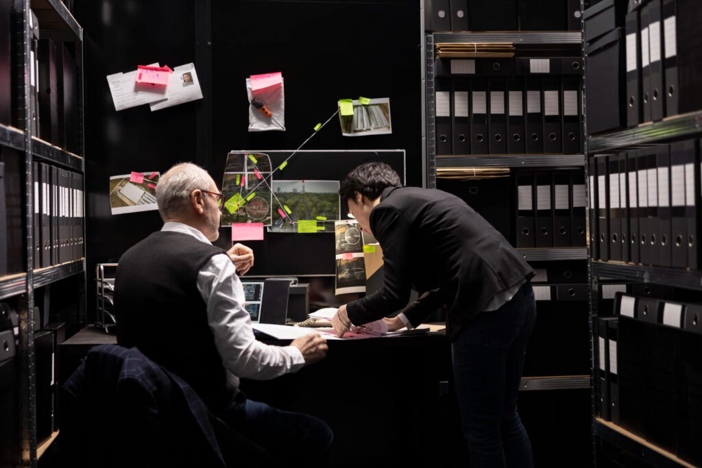 Two people work at a desk in a dim office filled with shelves of binders. A wall behind them displays notes, photos, and string, suggesting an investigation into criminal responsibility or conducting sanity evaluations as part of their detective work. - KindestMind