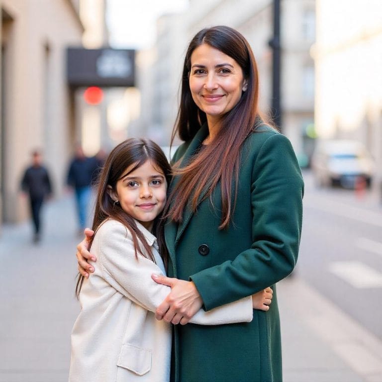 A woman in a green coat hugs a young girl in a white coat while standing on a city street, their smiles reflecting hope. This moment captures the emotional bonds often highlighted in Psychological Evaluations for an Extreme Hardship Waiver. - KindestMind
