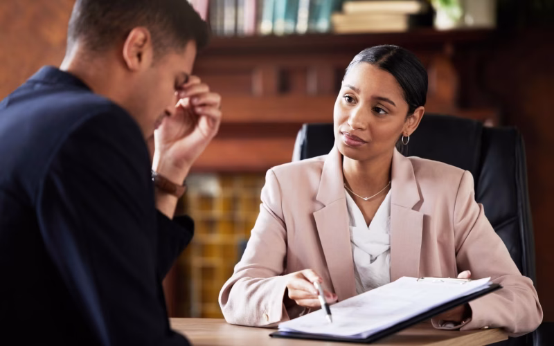 A woman in a light blazer holds a clipboard and talks to a stressed man across from her. They appear to be having a serious conversation about psychological evaluations and petitions in an office setting. - KindestMind