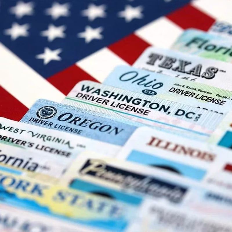 A variety of US state driver’s licenses are arranged in rows on top of an American flag, symbolizing driver’s license eligibility across multiple states including California, Texas, New York, and Ohio. - KindestMind