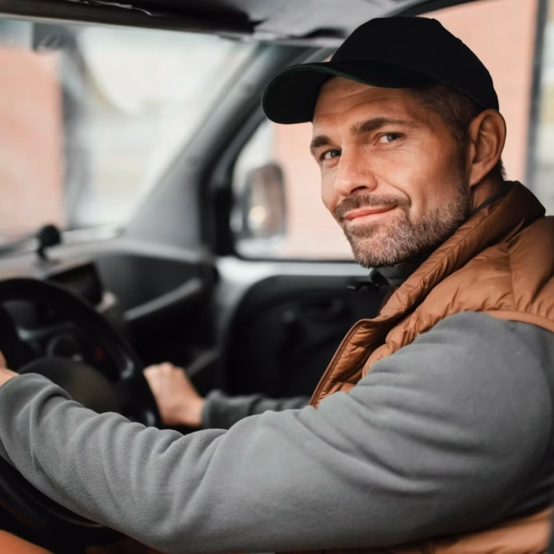A man wearing a brown vest, gray shirt, and black cap sits in the driver’s seat of a vehicle, smiling at the camera—perhaps celebrating his recent driver’s license restoration. - KindestMind