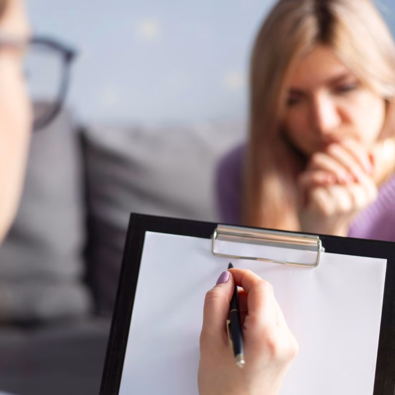 A person holding a clipboard and pen takes notes while another sits across from them, appearing thoughtful and concerned, suggesting a counseling session focused on Mental Health Assessments. - KindestMind