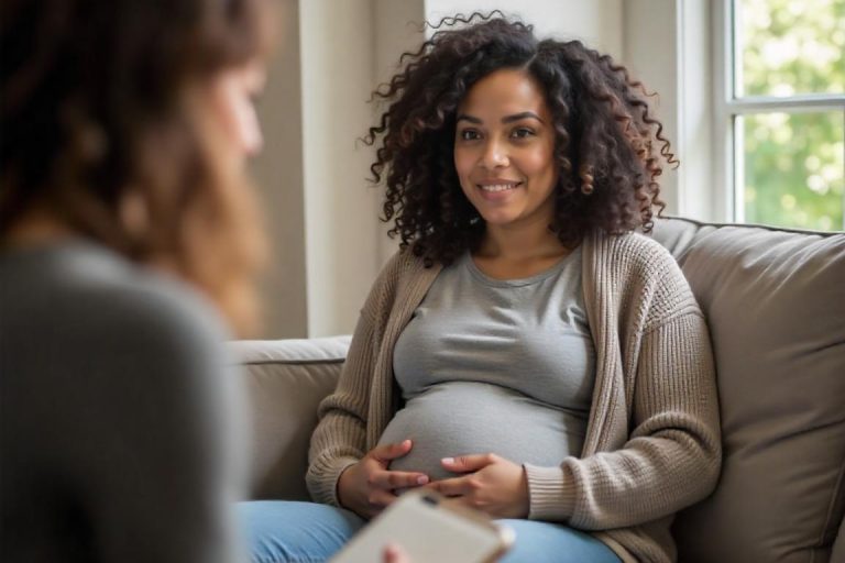 A pregnant woman with curly hair sits on a couch, smiling and holding her belly, while another person with long hair faces her, holding a smartphone. They appear to be having a friendly conversation about mental health. - KindestMind