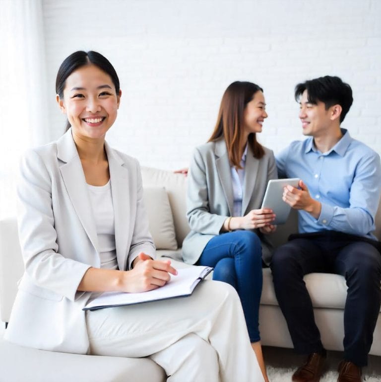 A smiling woman in a light suit sits with a clipboard in the foreground, while a couple consults on a couch behind her, discussing Immigration Psychological Evaluations. The setting appears to be a professional consultation at KindestMind. - KindestMind