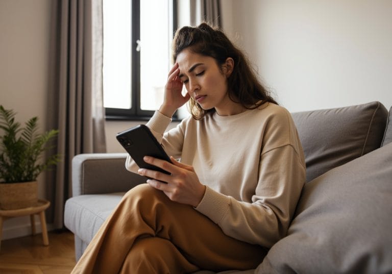 A young woman sits on a gray sofa in a living room, looking stressed as she holds a smartphone in one hand and touches her forehead with the other—post-election stress over immigration news weighs on her. A potted plant is visible in the background. - KindestMind