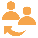 Two orange person icons with a curved arrow pointing from the lower left figure to the upper right, symbolizing communication, interaction, or connection between two people in the context of legal competency or CST (Competency to Stand Trial). - KindestMind