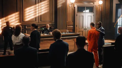 A courtroom scene with a judge at the bench presides over a case involving questions of criminal responsibility, as a defendant in an orange jumpsuit stands with a lawyer. Sunlight streams through high windows, illuminating the observant gallery. - KindestMind
