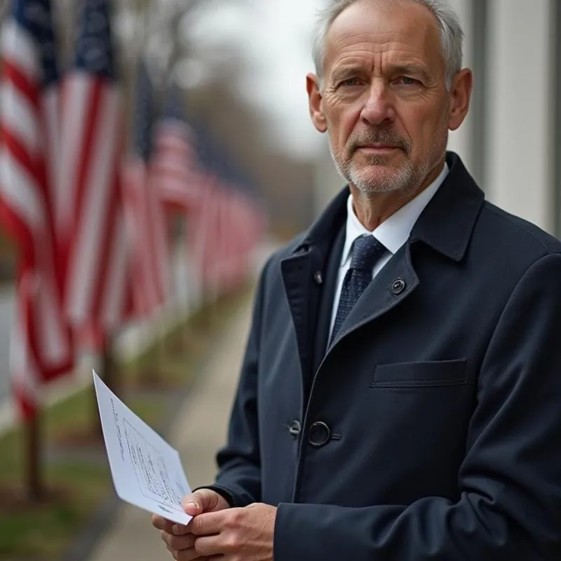 An older man in a dark coat holds a piece of paper, possibly related to an I-601 Extreme Hardship Waiver, while standing outside on a flag-lined sidewalk. The background is slightly blurred, highlighting the American flags and outdoor setting. - KindestMind