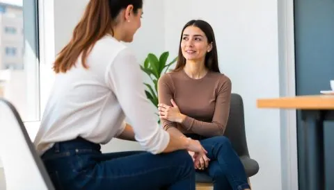 Two women sit facing each other in a bright office, engaged in a friendly conversation about a VAWA psychological evaluation. One woman smiles while listening, and a green plant is visible in the background. - KindestMind